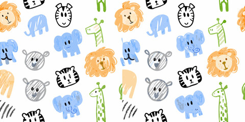 Playful pattern of hand drawn animals including lions zebras and giraffes © Rathin