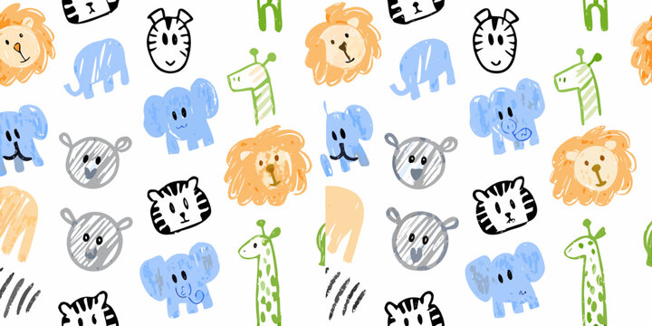 Playful pattern of hand drawn animals including lions zebras and giraffes