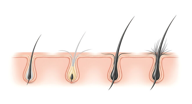 Stages of Hair Growth and Development Illustrated Showing Follicle and Shaft Structure