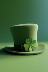 Naklejka premium Green leprechaun top hat with four-leaf clover for St. Patrick's Day celebration and luck concept