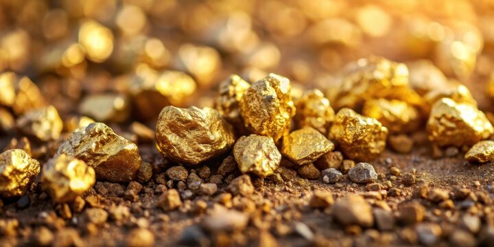 Close-up of rough dirt with small gold nuggets in a natural setting, gold mining, rock formation
