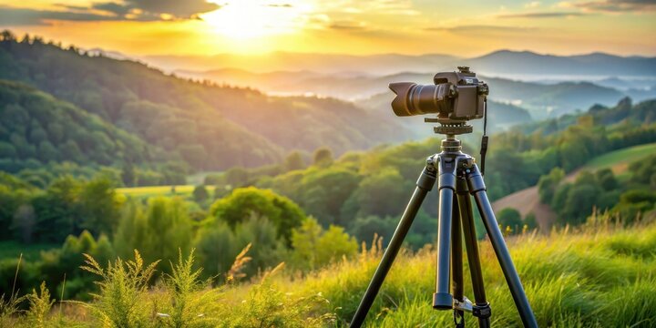 DSLR camera with tripod in outdoor landscape, tripod, photography,  tripod