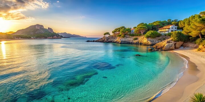 Cala Agulla beach at sunrise with turquoise waters and golden sand, calm, cala ratjada,  calm, cala ratjada, stunning beach