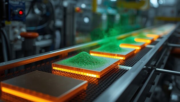 Continuous belt diffusion furnace &ndash; Wafers with spray-on dopant traveling through temperature zones on mesh belt, Inline furnace for semiconductor doping, Mesh belt carrying wafers