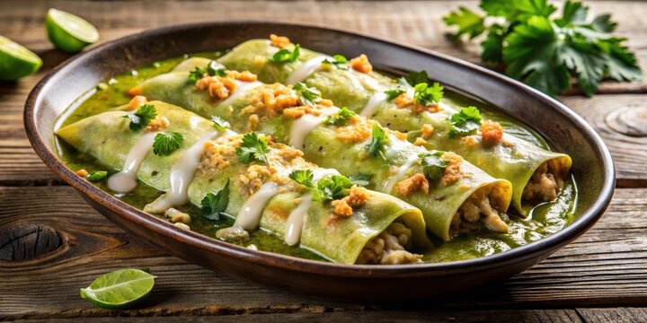 Steaming hot green enchiladas filled with juicy chicken and melted cheese, placed on a rustic wooden table , kitchen