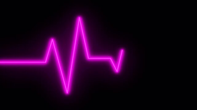 Heartbeat flatline A bright purple neon electrocardiogram line against a stark black background, symbolizing a heartbeat or vital signs