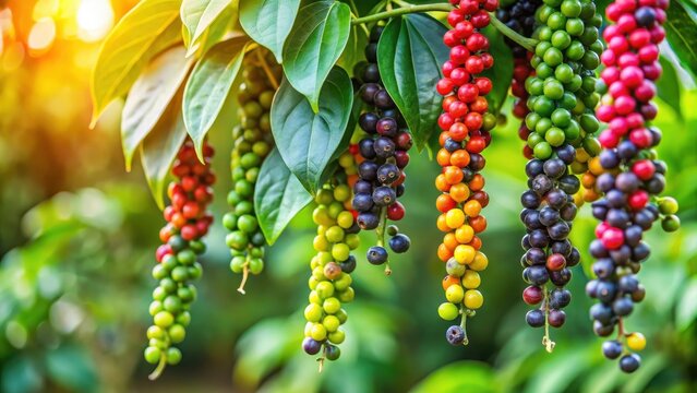Colorful black pepper fruits hanging from a tree branches in a lush green garden with vibrant flowers and foliage