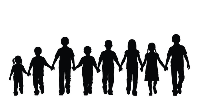 A group of children holding hands depicted in black silhouette
