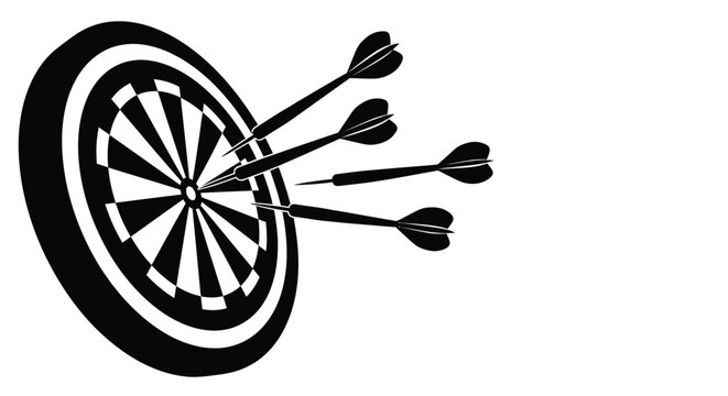A black dartboard with multiple darts hitting the bullseye silhouette