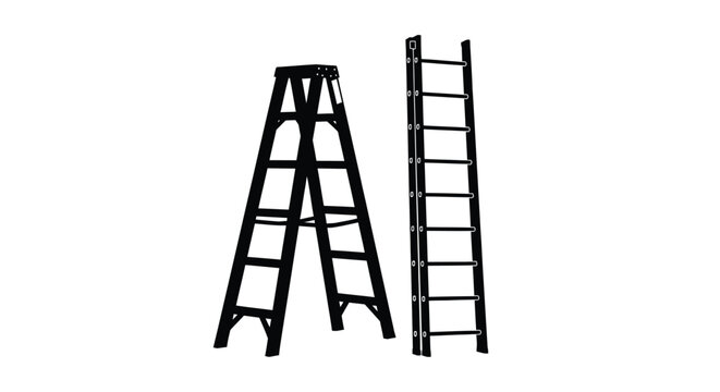 Two ladders one a frame and one straight in black silhouette