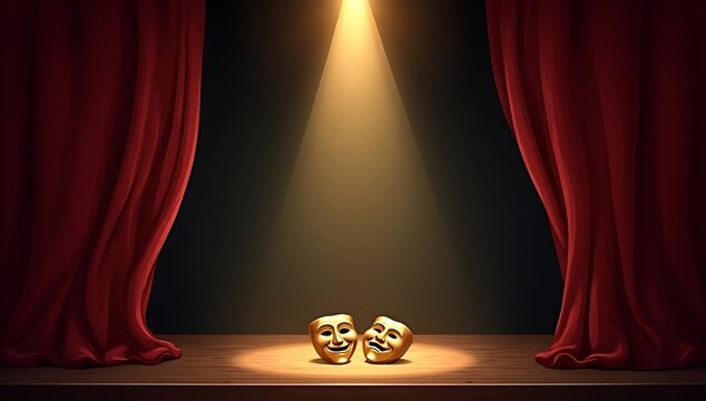 Illustration of a stage with curtains opening, spotlight, and dramatic masks symbolizing theatre performance, minimal yet cinematic composition