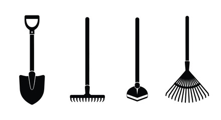 Four gardening tools displayed in a minimalist black silhouette © Santa