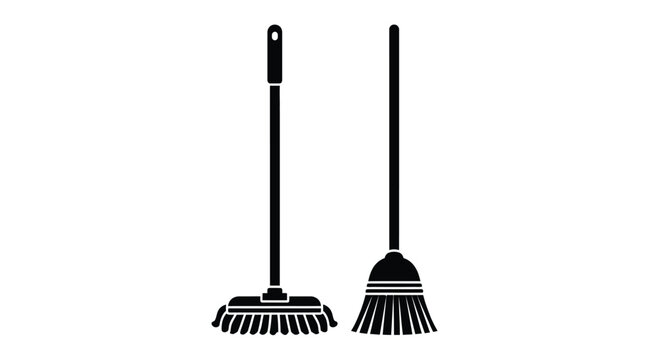 Two cleaning tools a mop and broom presented as a silhouette