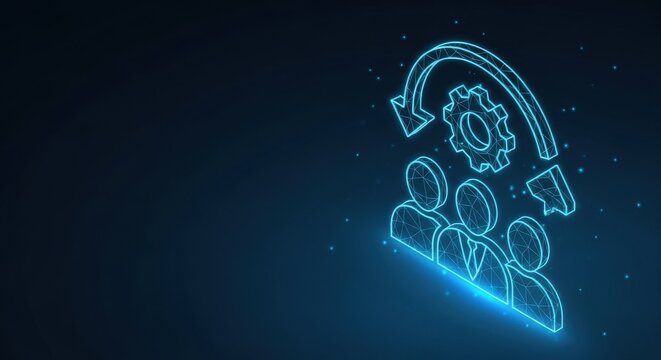 Business team process management workflow cycle icon with glowing blue neon lines on a dark digital background