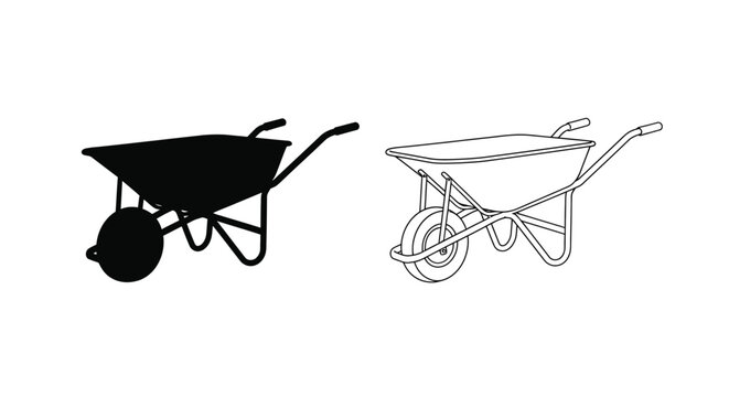 Two wheelbarrows depicted a solid form and a line drawing silhouette