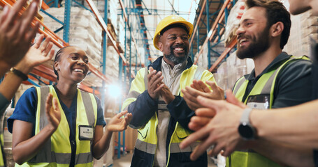 Happy, business people and meeting with applause for winning, achievement or success in warehouse....