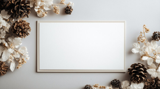Empty thin rectangular frame surrounded by pinecones and dried flowers on light taupe background for mockup
