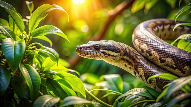 A slender Python snake slithers through dense jungle foliage, its scales glistening in the dappled light filtering through the leaves , python snake, snakes