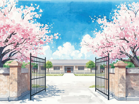 桜咲く校舎の正門の風景