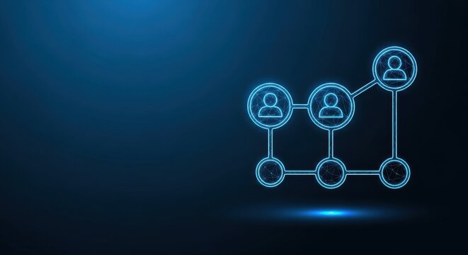 Connected human network nodes glowing with neon blue light against a dark digital background, symbolizing teamwork and communication.
