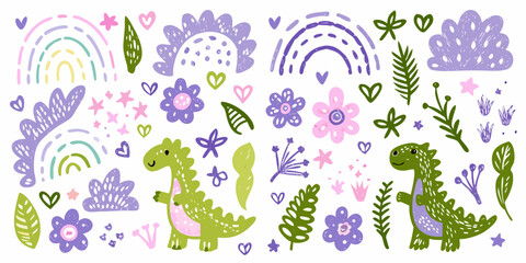 Playful dinosaurs rainbows flowers and foliage in a whimsical illustration