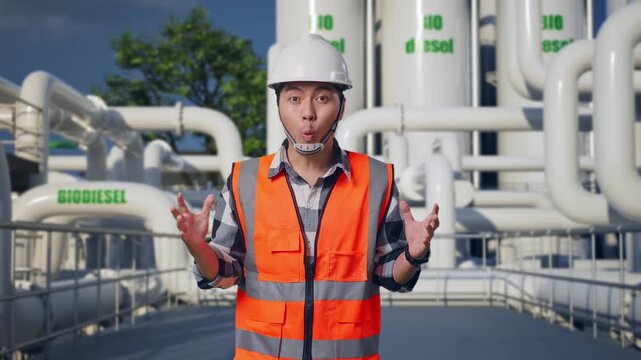 Asian Male Engineer With Safety Helmet Smiling To Camera And Saying Wow While Standing at Biodiesel Production Facility