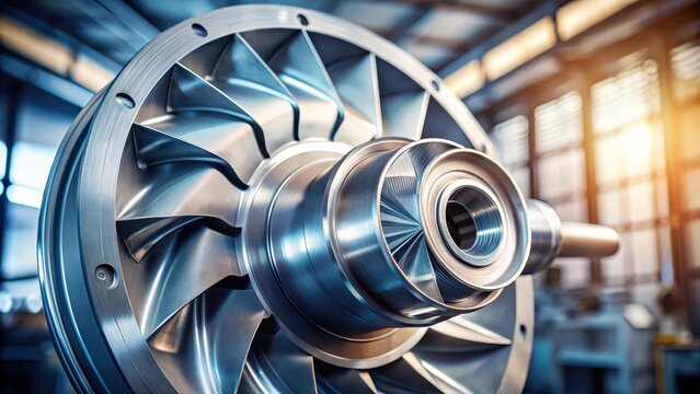 Close-up of a centrifugal pump impeller with intricate blades and vanes, set against a blurred background, highlighting the mechanical details , metal, industrial equipment