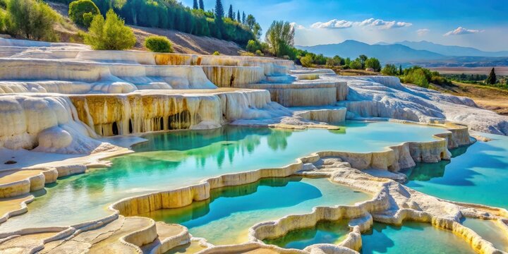 Travertine formations with white and yellow minerals, suspended in a turquoise pool at Pamukkale travertines, Turkey, surrounded by lush greenery, geological formations, natural wonders