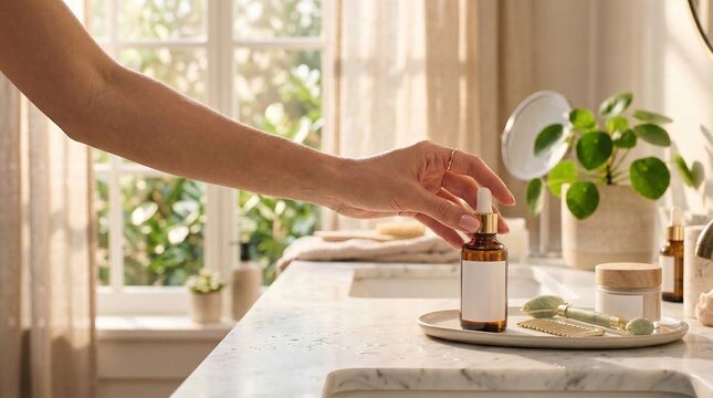 Skincare routine with face serum and jade roller on marble counter
