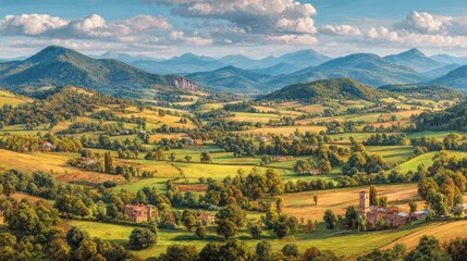 Fototapeta premium Serene Rural Landscape with Rolling Hills, Lush Green Fields, Mountains in Background and Dramatic Cloudy Sky