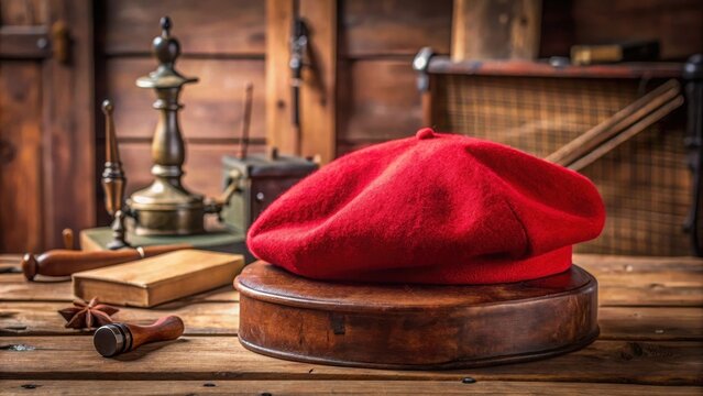 Classic French beret with red woolen hat on a wooden table, surrounded by vintage objects , table, red,  table, red, wool, beret