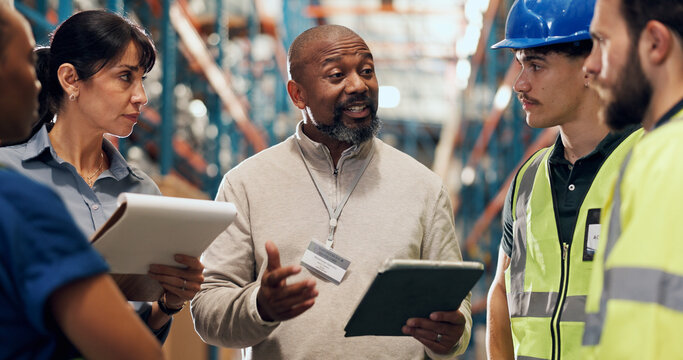 Logistics, team or supervisor planning with tablet for service delivery, storage control or inspection. People, warehouse inspector and staff meeting with tech for order update, shipping and feedback
