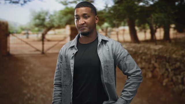 Young black man standing with hand on hip by a metal gate and stone wall on a rural street; confidence.