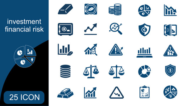 Investment financial risk management and economic strategy concept. Set of twenty five blue business icons including gold bars, bank vault, money coins, market charts, and warning signs.