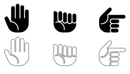 Obraz premium Black and white hand gesture icons depicting stop rock and point symbols