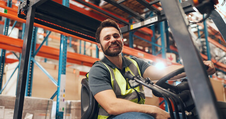 Naklejka premium Confidence, forklift and man with portrait in warehouse, industrial logistics and inventory management. Flare, freight industry and worker with vehicle for stock distribution, smile and storage depot