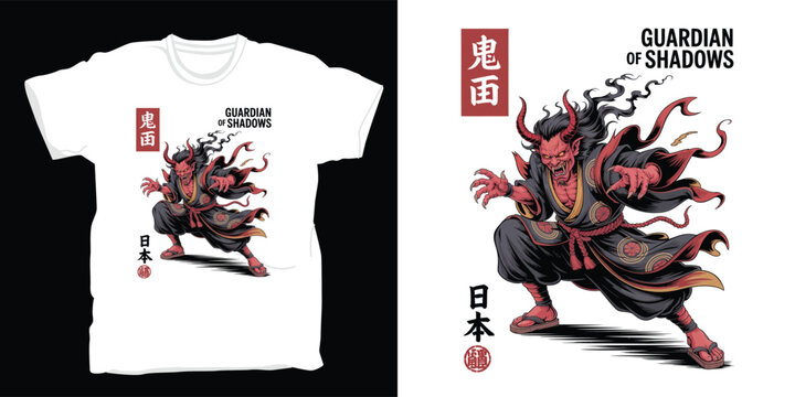 Guardian of shadows illustration, Japanese oni monster vector art for t-shirt design