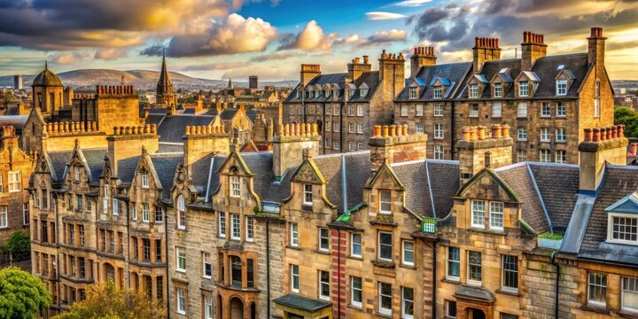 Traditional Scottish townhouse with ornate stonework and multi-colored terracotta roofs, Glasgow cityscape in background, multicolored rooftops, terracotta rooftops