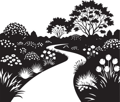 Winding garden path through blooming trees and flowers vector silhouette illustration, scenic line art