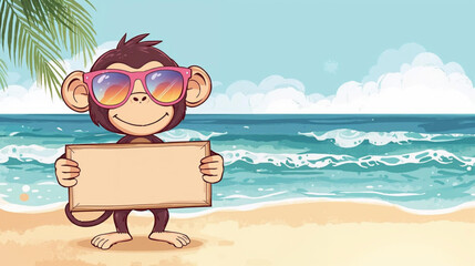 A cheerful cartoon monkey wearing oversized pink sunglasses with rainbow lenses, standing on a sunny beach and holding a blank sign © Pemuda