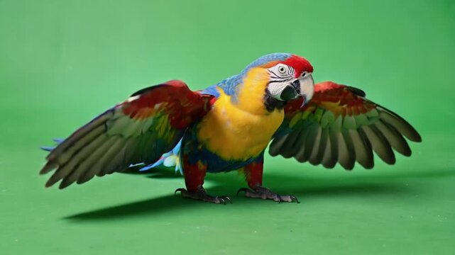 colorful macaw parrot with wings spread on green background
