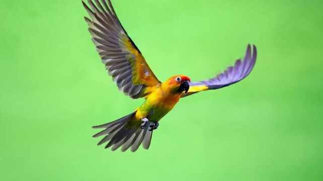 Vibrant parrot in flight against green background