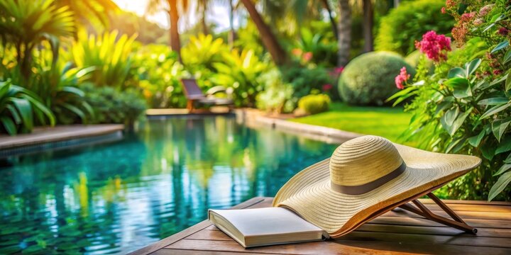 A sun hat with a wide brim sits beside a book on a lounge chair by a serene pool surrounded by lush greenery and vibrant flowers, tropical, book