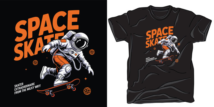 Space skater t shirt design astronaut on skateboard in galaxy