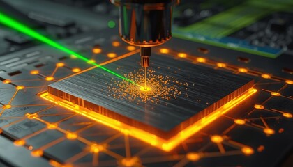 Naklejka premium Laser doping for selective emitter – Green laser beam scanning wafer surface driving dopant into silicon, Precision laser processing in photovoltaic production, green laser scanning silicon wafer