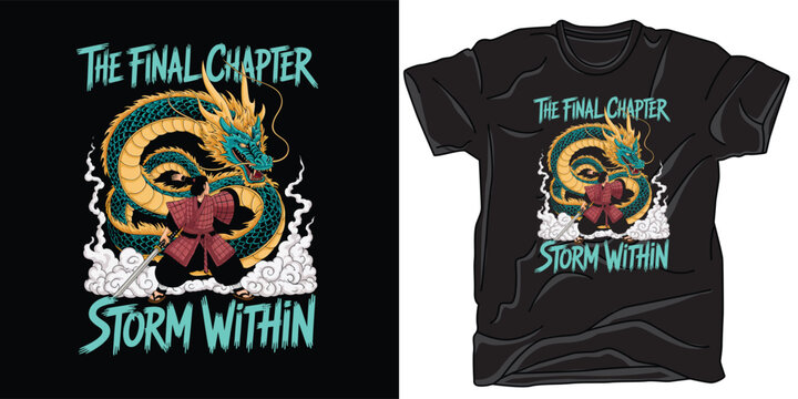 Warrior fighting dragon illustration with the final chapter storm within text