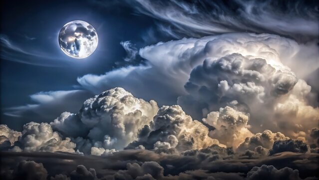 Dramatic stormy night with towering thunderheads and dark gray clouds covering the moon, dramatic lighting, dark gray clouds