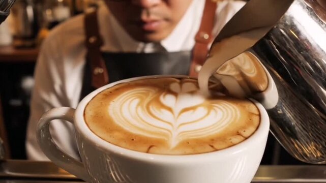 Artistic precision of a barista skillfully pours creamy milk to craft latte art, a moment capturing expertise.