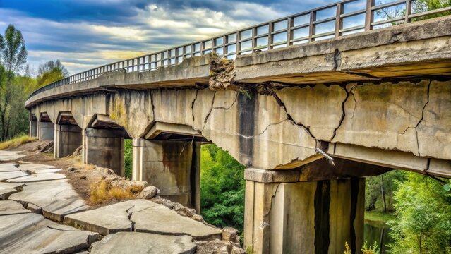 Crumbling concrete bridge structure with extensive cracks and crumbling edges , worn, cracked,  worn, cracked, aged