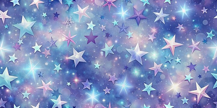 Celestial celebration seamless pattern featuring stars with a soft, ethereal glow in shades of blue and purple, evoking a sense of wonder and magic , heavenly, twinkling